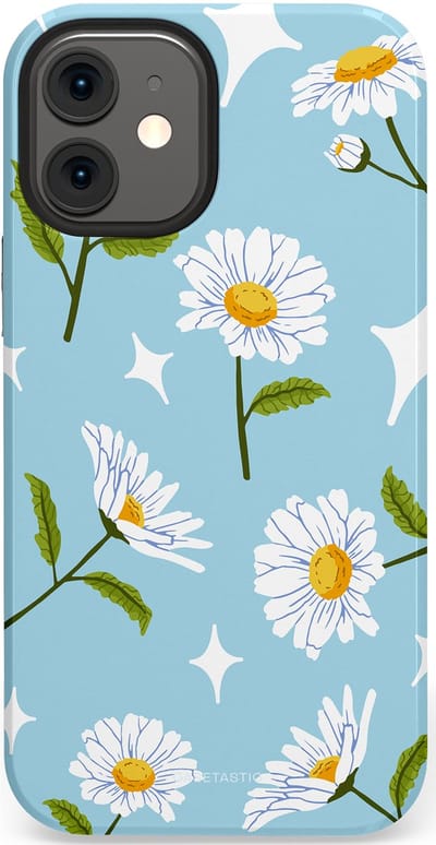 Casetastic hoesje geschikt voor Apple iPhone 12 Mini - Dubbellaagse bescherming - Margrietjes in de Wind - Fashion Case - Lichtblauw Wit Groen