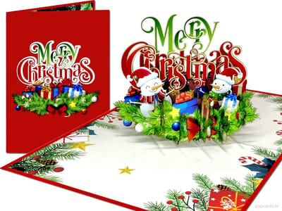 Popcards pop-up kaart – 3D Kerstkaart Merry Christmas met Sneeuwpoppen, Cadeautjes en Versieringen 3D kaart wenskaart