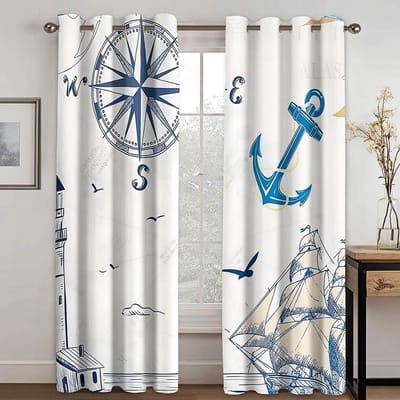 Nautische oude boot schets schip wiel kompas anker dunne gordijnen voor woonkamer slaapkamer decor 2 panelen gratis verzending 135W165H(CM)53x65in&Hook