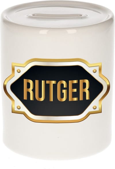 Spaarpot met voornaam Rutger - wit - met goud/zwart embleem - 8 x 9 cm - keramiek - met afsluitdop - cadeau verjaardag