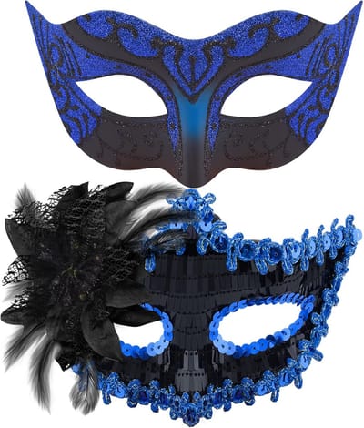 Dailygoods- Venetiaans Masker 2 Stuks - Maskerade Masker - Feest Masker - Kostuum - Halloween - Carnaval - Zwart en Blauw - Feestmasker