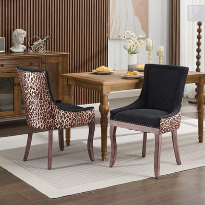 Pugsdrly Side eetkamerstoel, stoelen van dikke stof met massief houten poten in neutrale kleur, bronzen spijkers, set van 2, luipaardprint, DE1807LP