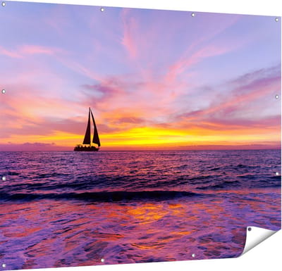 Gards Tuinposter Zeilboot Silhouet bij Zonsondergang - 150x120 cm - Tuindoek - Tuindecoratie - Wanddecoratie buiten - Tuinschilderij