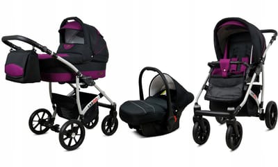BabyLux® Kinderwagen 3in1 – LARGO - BLACK PURPLE SILVER FRAME - Opklapbare Wandelwagen incl. Reiswieg, Multifunctionele Buggy Sportstoel, Autostoel - Combi-kinderwagen met Luiertas, Regenhoes, Klamboe, Bekerhouder, etc.