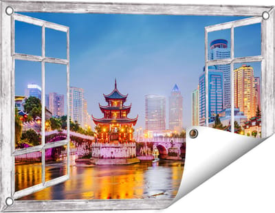 Gards Tuinposter Doorkijk Rivier bij Stad Guiyang in China - 60x40 cm - Tuindoek - Tuindecoratie - Wanddecoratie buiten - Tuinschilderij