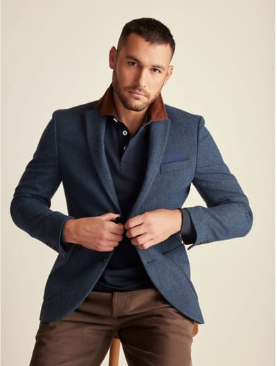 Next - Heren - Slim Fit - Blazer met visgraatmotief en hoog wolgehalte - Blauw