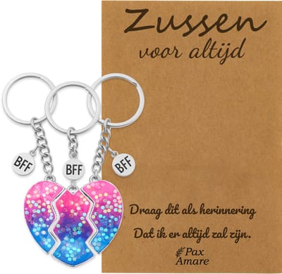 BFF Sleutelhanger voor 3 'Zussen voor altijd' - Magnetisch Glitter Hartje - Sleutelhanger set op Cadeau Kaartje Sleutelhanger set - Zilverkleurig - Vriendschap Symbool - Pax Amare