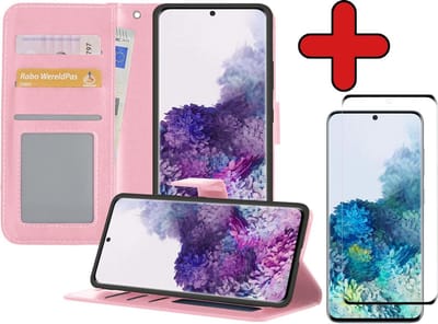 Hoesje - Met Screenprotector - Geschikt voor Samsung Galaxy S20 Ultra - Luxe Pasjeshouder - Flipcase - Bookcase Portemonee - Flip Case - Kunstleer Book Case - Book Cover - Walletcase - Portemonneehoes - Telefoonhoes - Lichtroze