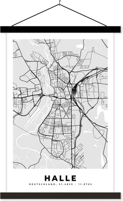 Posterhanger incl. Poster 40x60 cm - Schoolplaat - Plattegrond - Halle - Kaart - Stadskaart - Duitsland - Textielposter - Zwarte latten - Stadskaart