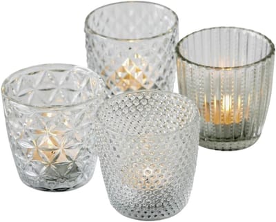 Famanu Marilu 1014419 Lantaarn, set van 4 (transparant, decoratieve glazen voor kaarsen/theelichtjes, kaarsenhouder, diameter 8 cm, verschillende patronen, ronde vorm, theelichthouder) 1014419