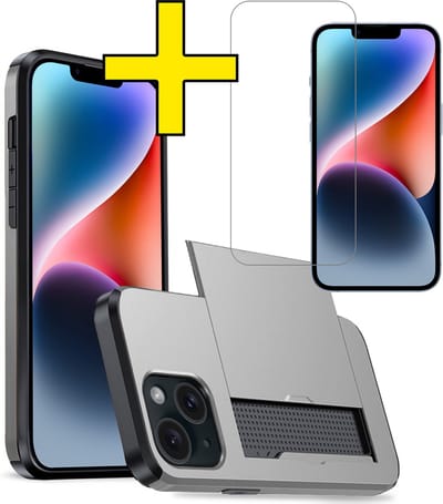 Hoesje Geschikt voor iPhone 14 Hoesje Case Pashouder Hard Cover Met Screenprotector - Hoes Geschikt voor iPhone 14 Hoesje Met Kaarthouder - Grijs