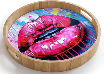 Dienblad rond 40x40 cm - Schootdienblad hout - Graffiti - Lippen - Felroze - Geschilderd - Borrelplank rechthoek - Plateau houten dienbladen