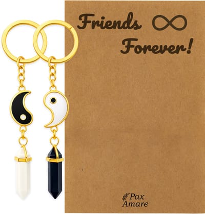 BFF Sleutelhanger voor 2 ' Friends Forever' - Yin Yang met Edelsteen - Sleutelhanger set op Cadeau Kaartje - Goudkleurig - Vriendschap Symbool - Pax Amare