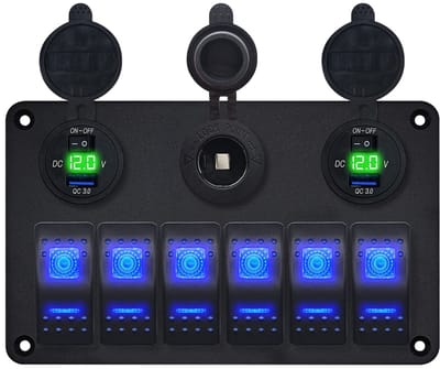 ProRide Schakelpaneel 12V voor Auto/Boot - USB Stopcontact met Schakelaar/Voltmeter - 5V/2.4A - 6 schakelaars + 12V/24V stopcontact