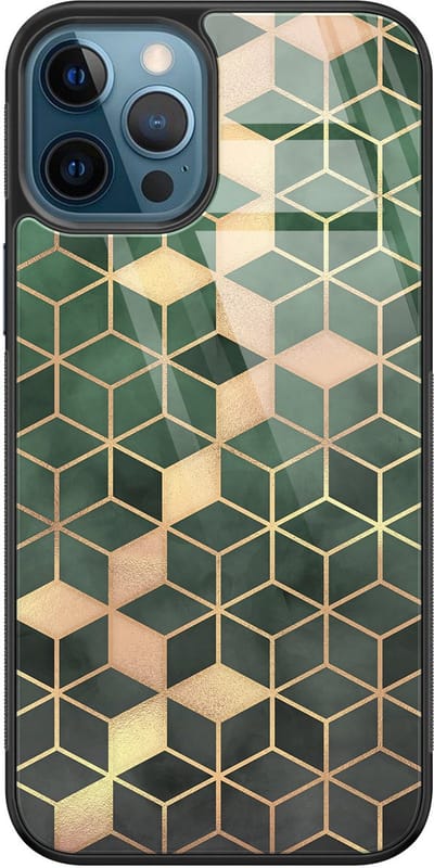 Hoesje geschikt voor iPhone 12 - Groen kubus - Luxe Glazen Hardcase - Hippe print - Groen - Leuke Telefoonhoesjes