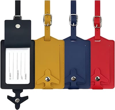 Set van 4 leren bagagetags met informatiekaarten, verstelbare leren riemen en metalen drukknopen voor het voorkomen van bagageverlies (zwart, rood, geel, donkerblauw)