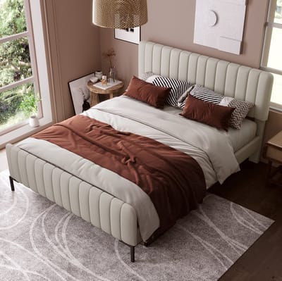 STILVORA Gestoffeerd Bed 180x200 cm – Tweepersoonsbed Met Lattenbodem – Verstelbaar Hoofdbord – Zonder Matras – Linnenlook – Grijs-Beige