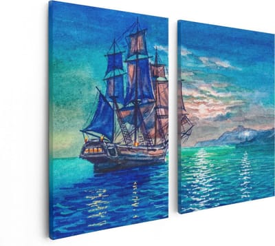 Artaza Canvas Schilderij Tweeluik Oude Piratenschip Zeilboot Getekend - 80x60 - Foto Op Canvas - Canvas Print