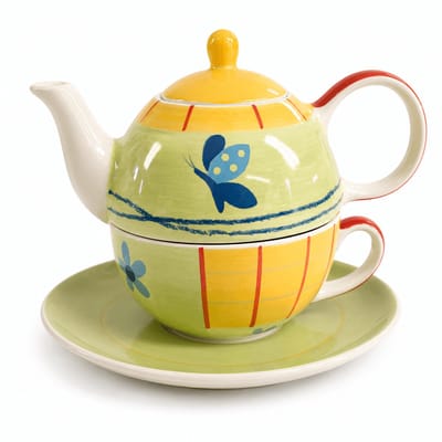Handgeschilderde Tea for One Set - Keramische Theepot met Kop en Schotel - Vlinder Design