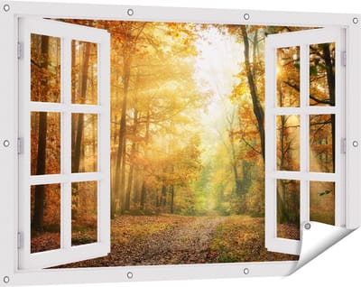 Gards Tuinposter Doorkijk Herfstbos met Zonneschijn - 120x80 cm - Tuindoek - Tuindecoratie - Wanddecoratie buiten - Tuinschilderij