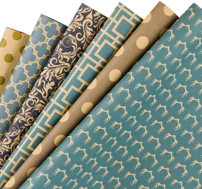 Shopcentral - Krafpapier - Geometrisch ontwerp - 6 vellen in rol - Navy blue - Cadeaupapier - Perfect voor feestdagen - 44.5 x 76 cm