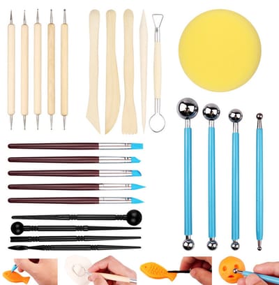 24 stuks - Kleigereedschapset - Doe-het-zelf kleigereedschap - Essentiële kleigereedschapset - Inclusief reliëfspons, stippelgereedschap, dubbelzijdig boetseerkwastje, stippelpen - Klei- en fondantmodelleerset geschikt voor volwassenen en kinderen.