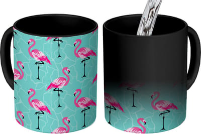 Magische Mok - Foto op Warmte Mokken - Koffiemok - Flamingo - Roze - Patroon - Magic Mok - Beker - 350 ML - Theemok
