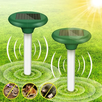 Ultrasone mollenverjager met zonne-energie: 2 stuks waterdichte ongediertebestrijding voor tuin en erf, effectief tegen mollen en woelmuizen