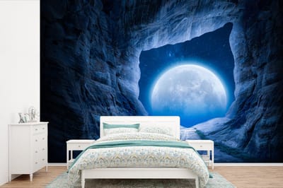 Behang - Fotobehang Grot - Maan - Ruimte - Heelal - Blauw - Breedte 525 cm x hoogte 350 cm
