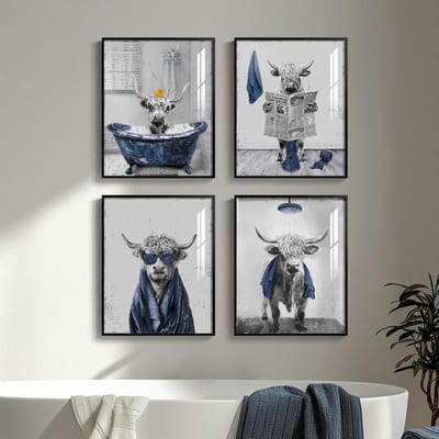 4pcs Framed Funny Highland Cow Wall Art for Bathroom Decor, Modern Abstract Blue Black and White Wall Art | Humor Animals Cow Pictures for Men Bathroom Wall Decoration