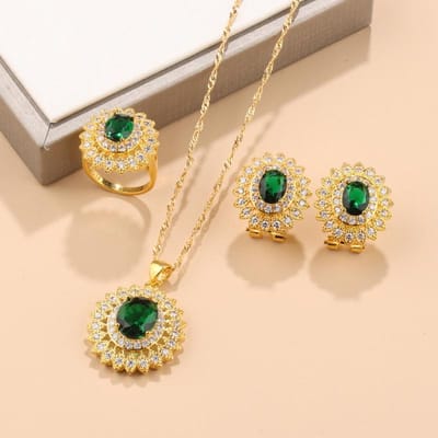 Bloem Grote Sieraden Accessoires Verguld Bruids Bruiloft Luxe Dubai Sets Ketting En Oorbellen Ring Voor Vrouwen Cadeau resizable beige