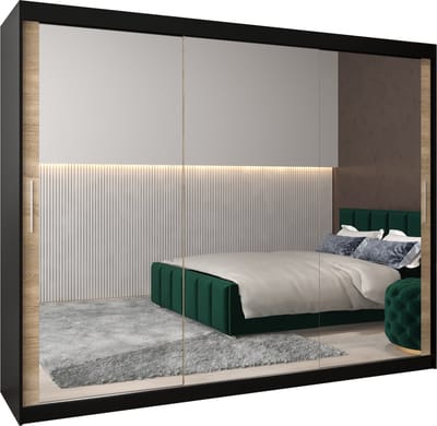 InspireMe - Kledingkast met 3 schuifdeuren, Modern-stijl, Kledingkast met planken (BxHxD): 250x200x62 - TORM III 250 Zwart Mat + Sonoma Eik
