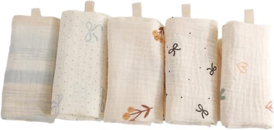 Zachte en Absorberende Baby Wasdoeken van Katoen, Herbruikbare Chiffon Doeken, Set van 5, 22 x 23 cm, Ideaal voor Babyhanden en Gezicht