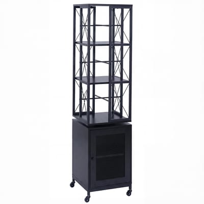 Boekenrek MCW-P13, staand rek, draaibaar rek, zwenkwielen, metalen deur, metaal, industrieel melamine MVG 162x40x42cm ~ zwart