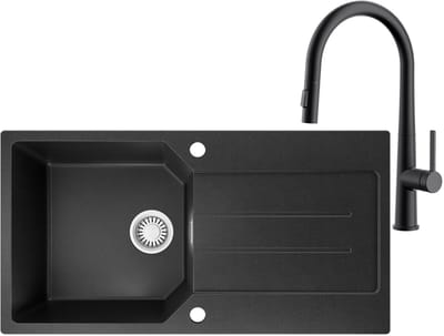Anycee max Granieten Spoelbak 86x45CM - Spoelbakken Keuken Met Keukenkraan met Uittrekbare Uitloop - Spoelbak Met Planchet en Afdruiprek - Spoelbakken Incl. Sifon en Afvoerzeefje - Zwart