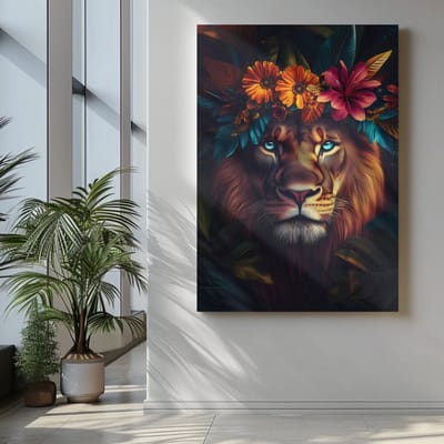 Canvas Schilderij - Dieren - Leeuw en Bloemen - 60x40x2 cm