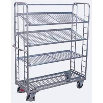 Etagewagen, staal/gaas, zilver, 4 etages, 1650 x 650 mm, 2 kopwanden met ronde stalen verstevigingen, EasySTOP, tot 400 kg