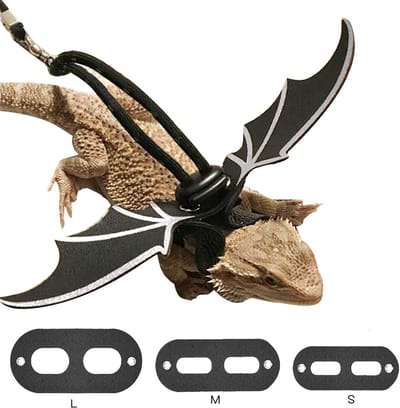 Oneay Verstelbaar leren tuigje/riem voor baardagamen (S/M/L, 3 maten, borsttas) met coole vleugels voor hagedissen, reptielen, amfibieën en andere kleine huisdieren - Zilver