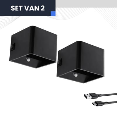 Set 2x LED Wandlampen Oplaadbaar Zwart - PIR Bewegingssensor - Draadloos 5 Watt op Accu USB-C - Wandlamp Binnen Woonkamer of Slaapkamer - Draadloze Wandlamp - Bevestiging Zonder Boren
