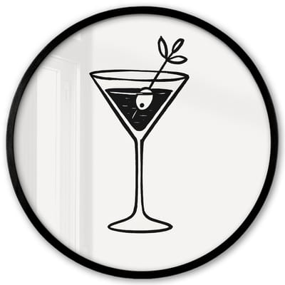 Poster in lijst Rond - Fotolijst 40x40 cm - Posters - Cocktail - Glas - Olijf - Minimalistisch - Ronde posterlijst zwart - Decoratie - Wanddecoratie woonkamer - Muurdecoratie slaapkamer