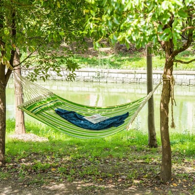 Dubbele tuinhangmat voor 2 personen, hangende campingschommel van katoen en polyester met kussen, 188x140 cm