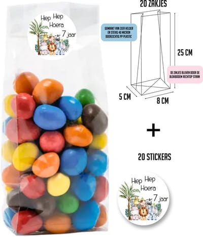 20 Uitdeelzakjes + 20 sluitstickers | Jungle | 7 Jaar | 20 Stickers & 20 zakjes | Cellofaanzakjes | Transparant | Snoepzakjes | Uitdelen | Afscheid | Inpakzakjes | Kinderfeestje | 4 cm glossy stickers | 8x5x25cm zakjes