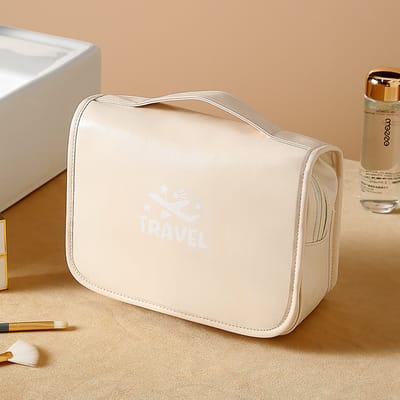 Toilettas Ophangbaar, Make-Up Tasje met Haak, Make Up Koffer, Beautycase, Toilettas Dames, Make Up Tas Organizer, Make Up Etui, Reistas, Beautycase Koffer, Toilettas voor op Reis met Draaggreep en Haak, PU-LEER, Waterdicht, 41x24x8 CM, CREME
