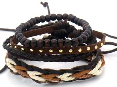 Armbandenset - Kralen en Leer- gevlochten - Zwart - verstelbaar