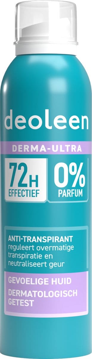 Deoleen Derma Ultra 72 uur - Anti-transpirant spray - Voorkomt overmatige transpiratie en transpiratiegeur - 72 uur effectief - 0% parfum & 0% alcohol - Dermatologisch getest - Met allantoïne, verzorgend en verzachtend - 150 ml