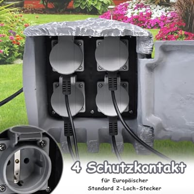 Buitenstopcontact met 4 Geaarde Contactdozen, Waterdicht IP44, Steen-look, Meervoudig Stopcontact voor Tuin en Buiten
