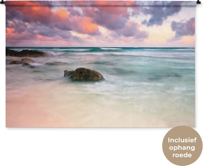 Wandkleed Tulum - Zonsondergang aan het strand in Tulum Mexico Wandkleed katoen 180x120 cm - Wandtapijt met foto XXL / Groot formaat!