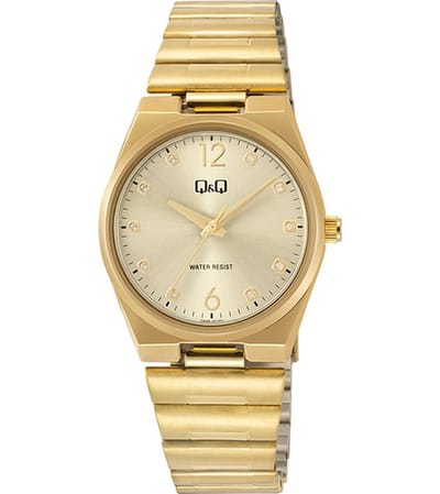 Q&Q Q84B-007PY - Horloge - Polshorloge - Analoog - Dames - Vrouwen - stalen band - Metaal - Overig - Cijfers - Stippen - Briljanten - Goudkleurig
