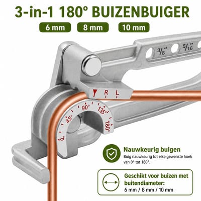 3-in-1 Buisbuiger 6 mm / 8 mm / 10 mm – Buigmachine voor Koperen, Aluminium en Remleidingen – 180° Handgereedschap