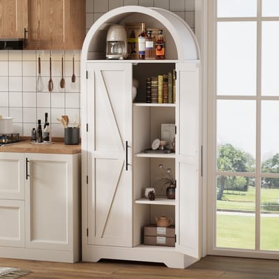 MIVRAY Vitrinekast - Gebogen Design Met Open Vakken En Verstelbare Planken - Voor Woonkamer En Keuken - MDF - Wit - 75x35x170 Cm